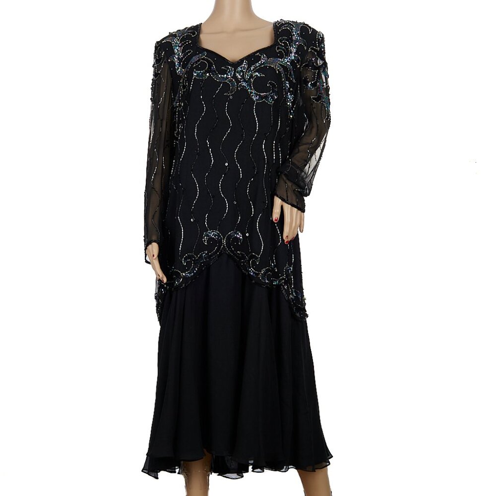 Vintage Sylvia Ann Black Silk Beaded Dress Women's XL